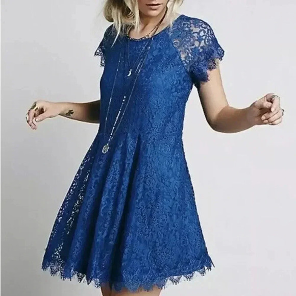 Free People Blue Stardust Lace Short Sleeve Mini Dress XS - Picture 1 of 6
